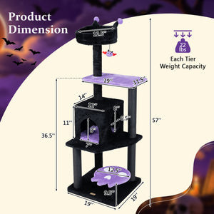 57 inches Spooky Cat Tower with Padded Perch and Spider-shaped Hanging Toy-Purple view 5
