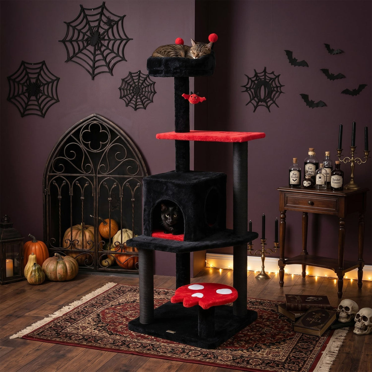 57 inches Spooky Cat Tower with Padded Perch and Spider-shaped Hanging Toy-Red view 2