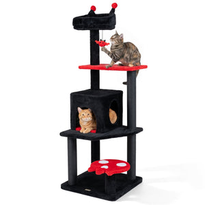 57 inches Spooky Cat Tower with Padded Perch and Spider-shaped Hanging Toy-Red
