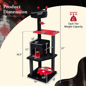 57 inches Spooky Cat Tower with Padded Perch and Spider-shaped Hanging Toy-Red view 5
