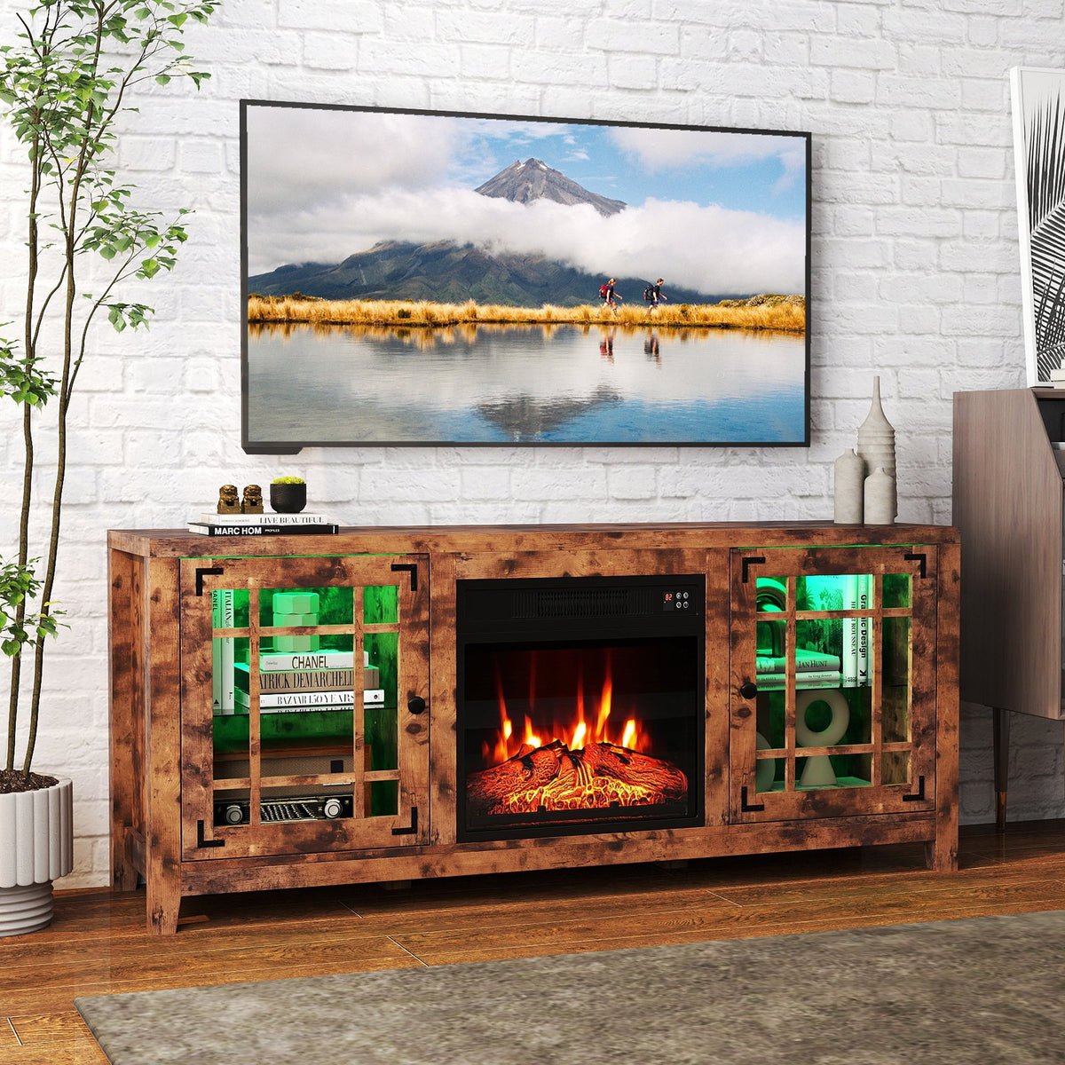 58 inches Fireplace TV Stand with LED Lights and 18 inches Electric Fireplace-Rustic Brown view 2