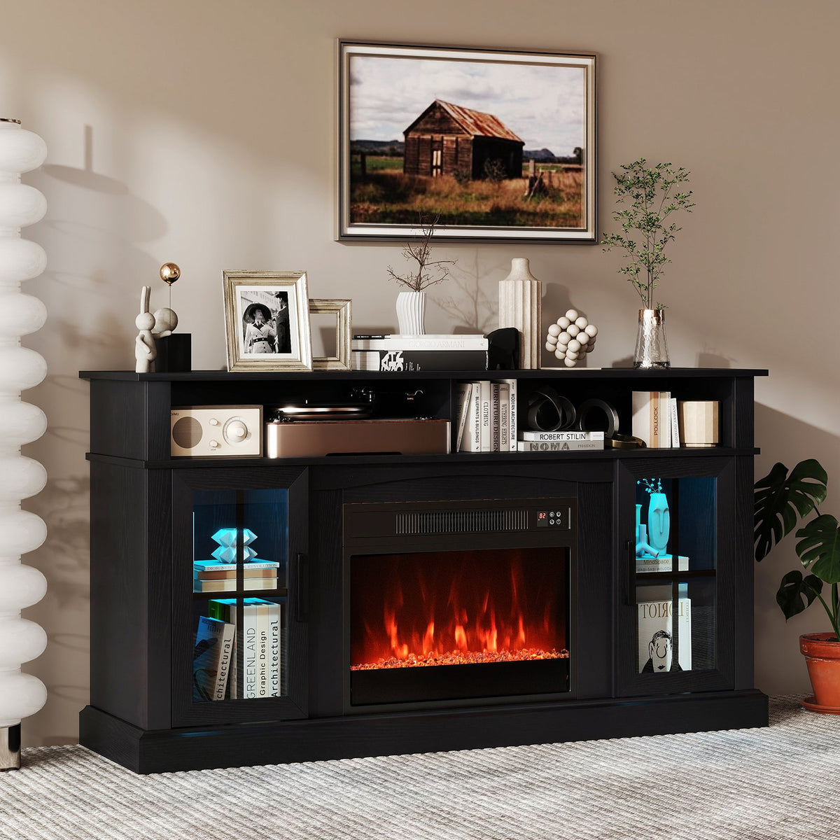 58 Inch Fireplace TV Stand with LED Lights with Storage Cabinets and Glass Doors-Black view 2