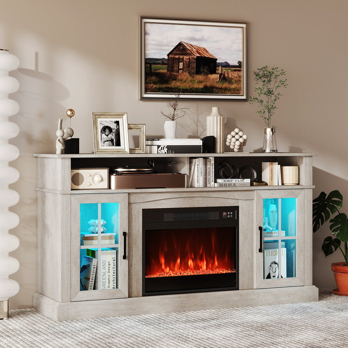 58 Inch Fireplace TV Stand with LED Lights with Storage Cabinets and Glass Doors-Gray view 2