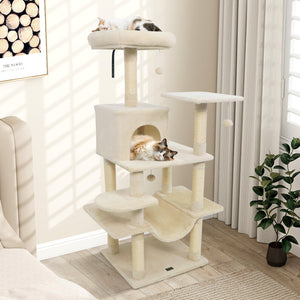58 inches Multi-Level Cat Tree Soft Plush Cat Tower with Padded Top Perch-Beige view 2