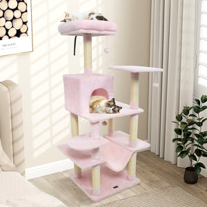 58 inches Multi-Level Cat Tree Soft Plush Cat Tower with Padded Top Perch-Pink view 3