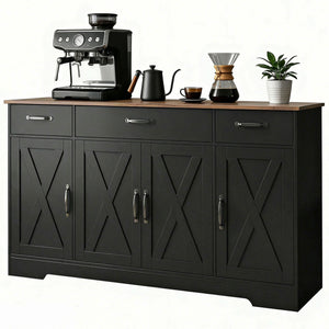 Sideboard Buffet Cabinet, 55" Farmhouse Kitchen Cabinet with 4 Barn Doors, 3 Drawers, 3 Adjustable Shelves