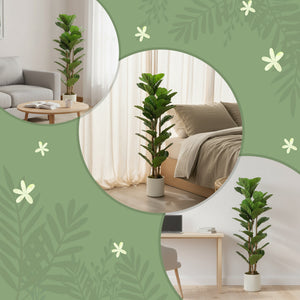 4FT Artificial Fiddle Leaf Fig Tree Set of 2, Fake Potted Tree with Solid Wood Trunks for Indoor Decor, Green
