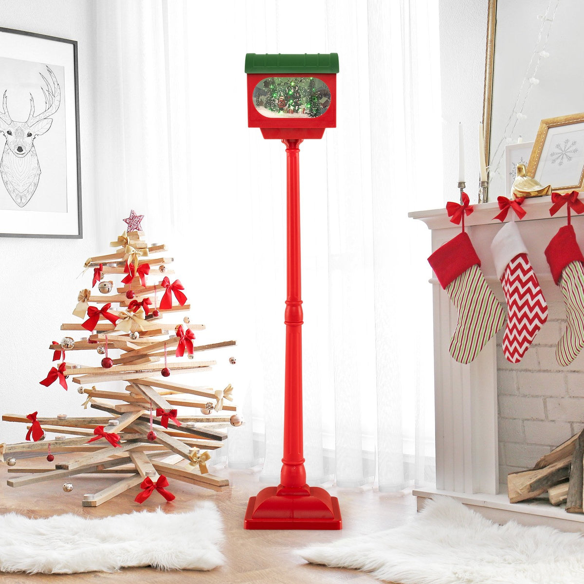 59 Inch Christmas Street Lamp with Sound-Activated Snow Globe Lantern-Red view 2