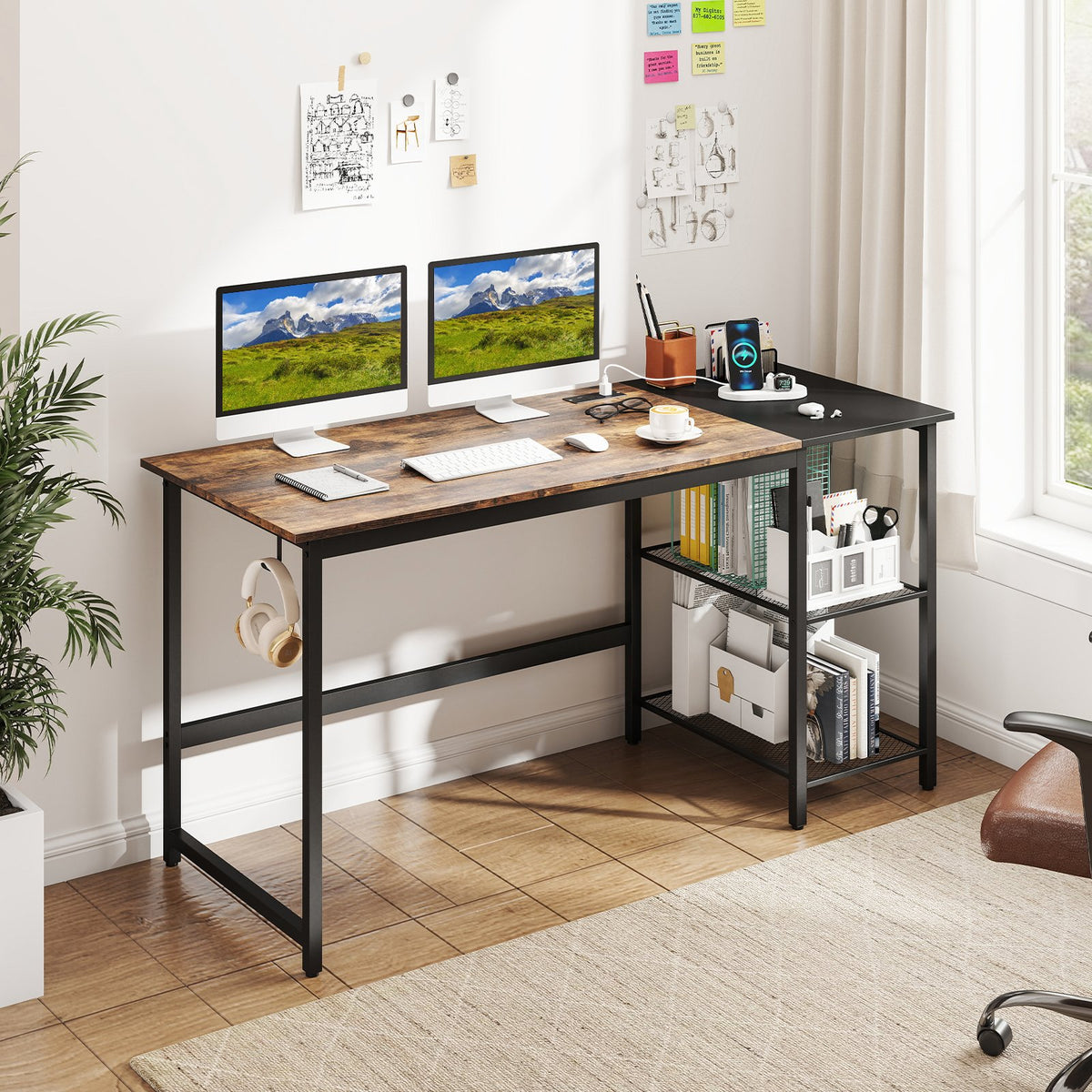 59 Inch Home Office Computer Desk with Removable Storage Shelves-Rustic Brown view 2