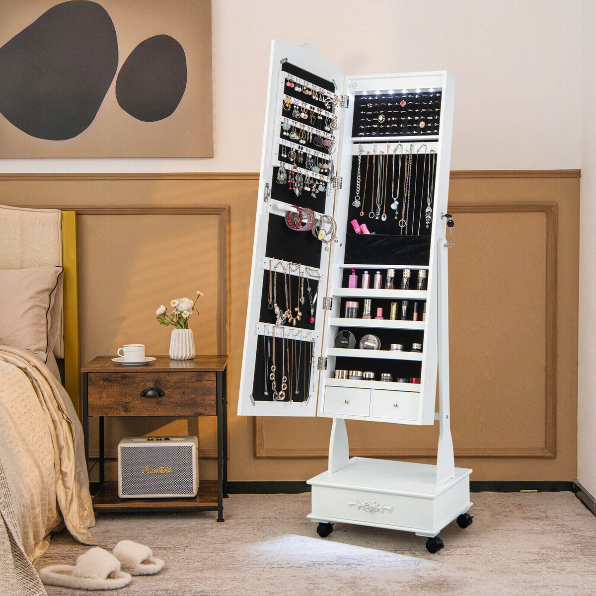 Rolling Floor Standing Mirrored Jewelry Armoire with Lock and Drawers-White view 2
