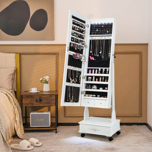Rolling Floor Standing Mirrored Jewelry Armoire with Lock and Drawers-White view 2