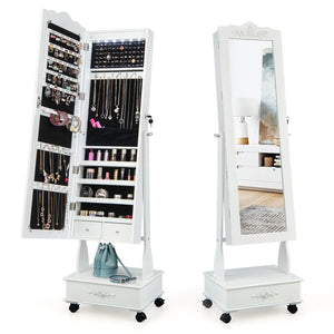 Rolling Floor Standing Mirrored Jewelry Armoire with Lock and Drawers-White view 4