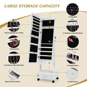 Rolling Floor Standing Mirrored Jewelry Armoire with Lock and Drawers-White view 7
