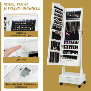 Rolling Floor Standing Mirrored Jewelry Armoire with Lock and Drawers-White view 8