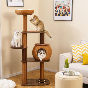 59.5 Inch Cat Tree Multi-Level Cat Tower with PE Rattan Cat Condo and Top Perch-Brown view 3