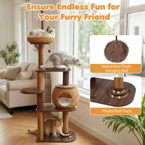 59.5 Inch Cat Tree Multi-Level Cat Tower with PE Rattan Cat Condo and Top Perch-Brown view 8