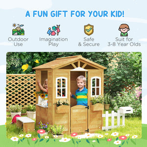 Wooden Kids Playhouse with Door Windows Mailbox Flower Pot Holder Serving Station Bench Yellow