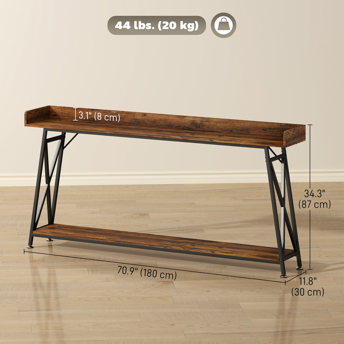 71" Extra Long Console Table with Storage Shelf and Guardrails, Industrial Entryway Table for Living Room, Rustic Brown