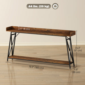 71" Extra Long Console Table with Storage Shelf and Guardrails, Industrial Entryway Table for Living Room, Rustic Brown