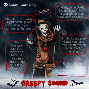5.6' Life Size Clown Outdoor Halloween Decoration Animatronic, Animated Prop w/ Light Up Eyes