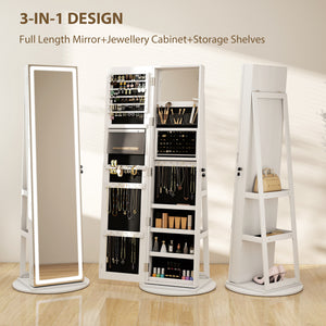 Jewelry Cabinet with Full Length Lockable Mirror, Standing Jewelry Armoire Organizer with LEDs, White