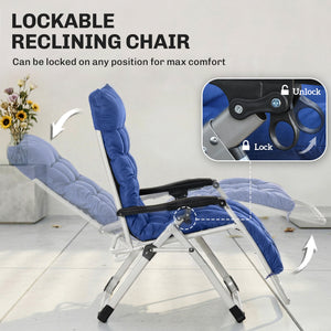 Reclining Zero Gravity Chair with Adjustable Backrest, Folding Garden Sun Lounger, Outdoor Recliner with Removable Cushion and Headrest, Dark Blue