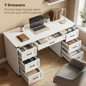 55" Computer Desk with 7 Drawers, Farmhouse Executive Desk for Home Office, Study, Bedroom, Black Wood Grain – view 10