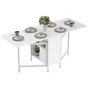 Multi-use Foldable Table with Hideaway Shelves, Drop Leaf Table for Kitchen, Dining, Study and Office, White