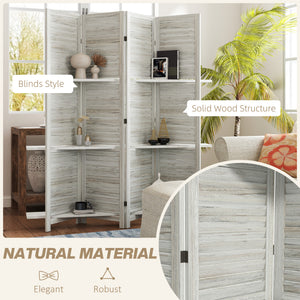 4-Panel Wall Partition Room Separator with 3 Storage Shelves Foldable Design Wooden Frame 5.6FT Distressed White