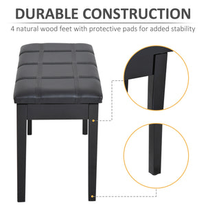 Classic Piano Bench Stool, PU Leather Padded Keyboard Seat with Rubber Wood Legs and Music Storage Compartment, Banded Seat, Black