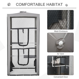 79" Cat Cage, Large Outdoor Kitten House, Indoor Cage Pet Kennel Playpen with 3 Platforms Door 4 Sandbags - Grey