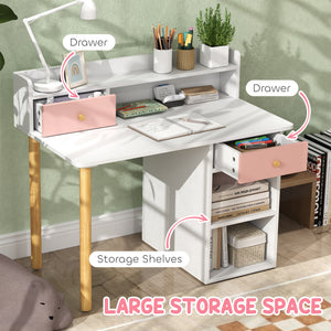 Qaba Kids Study Table and Chair Set, Kids Desk and Chair Set w/ Storage and Shelves, for 3-8 Year Old, Pink