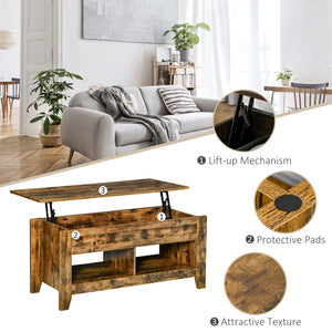 Lift Top Coffee Table with Hidden Storage Compartment and Open Shelves, Lift Tabletop Pop-Up Center Table for Living Room, Dark Walnut