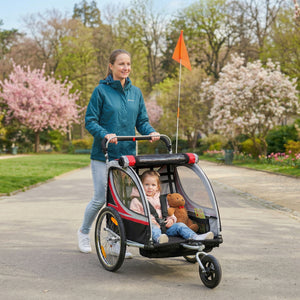 Aosom 2 Seat Bike Trailer for Kids 2-in-1 Double Baby Stroller with Handbrake, Rubber Wheels, 5 Point Harness, Waterproof Cover, Storage Bag, Reflectors