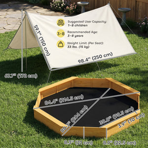 Qaba Wooden Kids Wooden Sandbox with Large Canopy, Outdoor Sand Box with 4 Bench Seats, Bottom Liner for Aged 3-8, Yellow