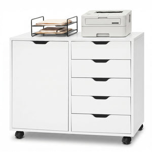 5 Drawer Storage Cabinet on Wheels with Adjustable Shelf-White