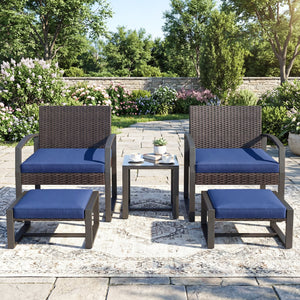 5-Piece Patio Conversation Set with 2 Ottomans and Tempered Glass Side Table-Navy view 3