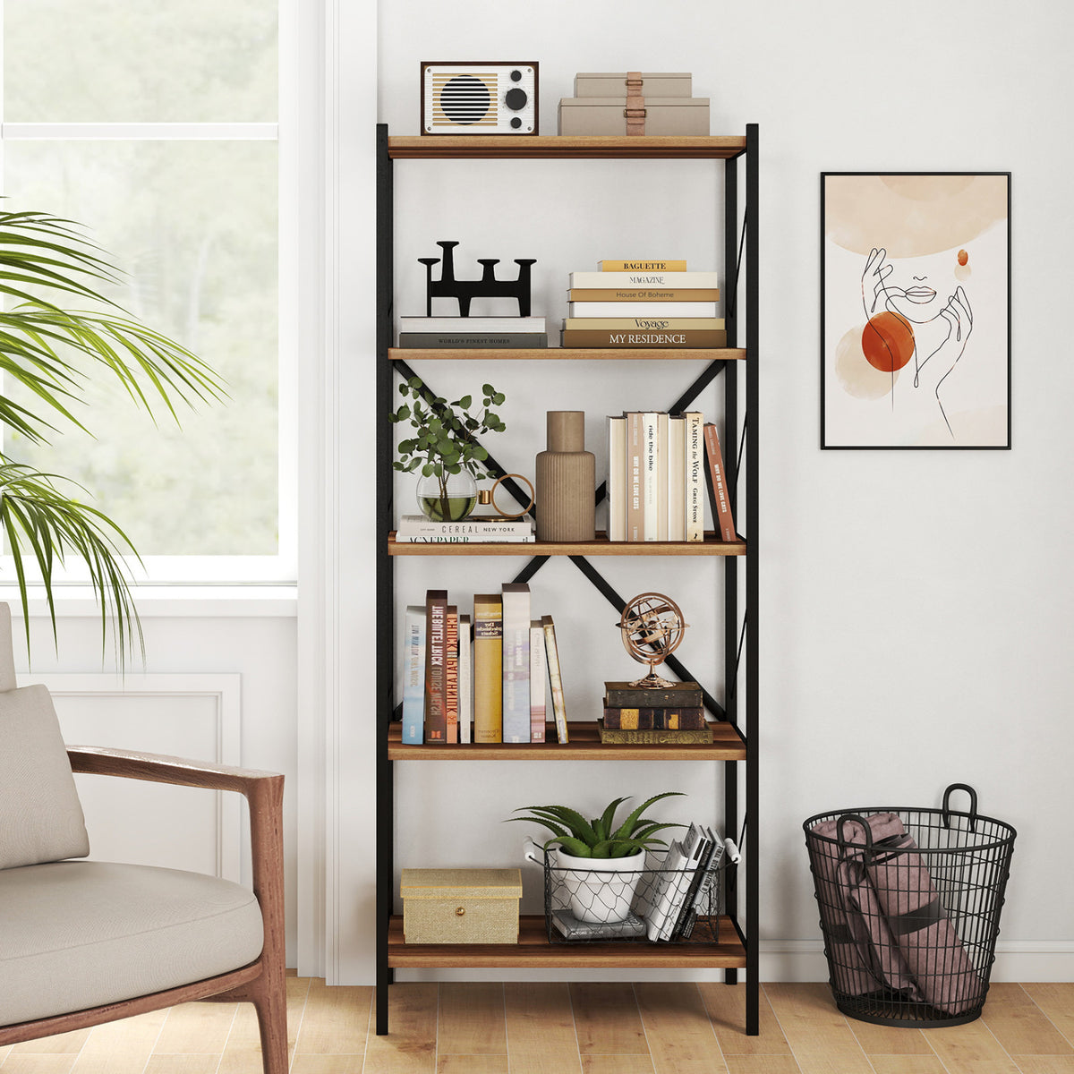 5-Tier Tall Bookshelf Industrial Bookcase with Heavy-Duty Metal Frame Modern Storage-Walnut view 2