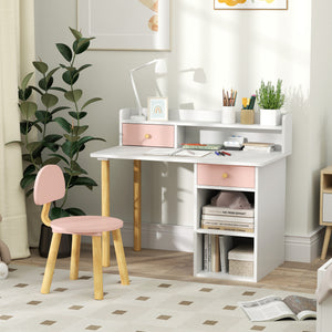 Qaba Kids Study Table and Chair Set, Kids Desk and Chair Set w/ Storage and Shelves, for 3-8 Year Old, Pink