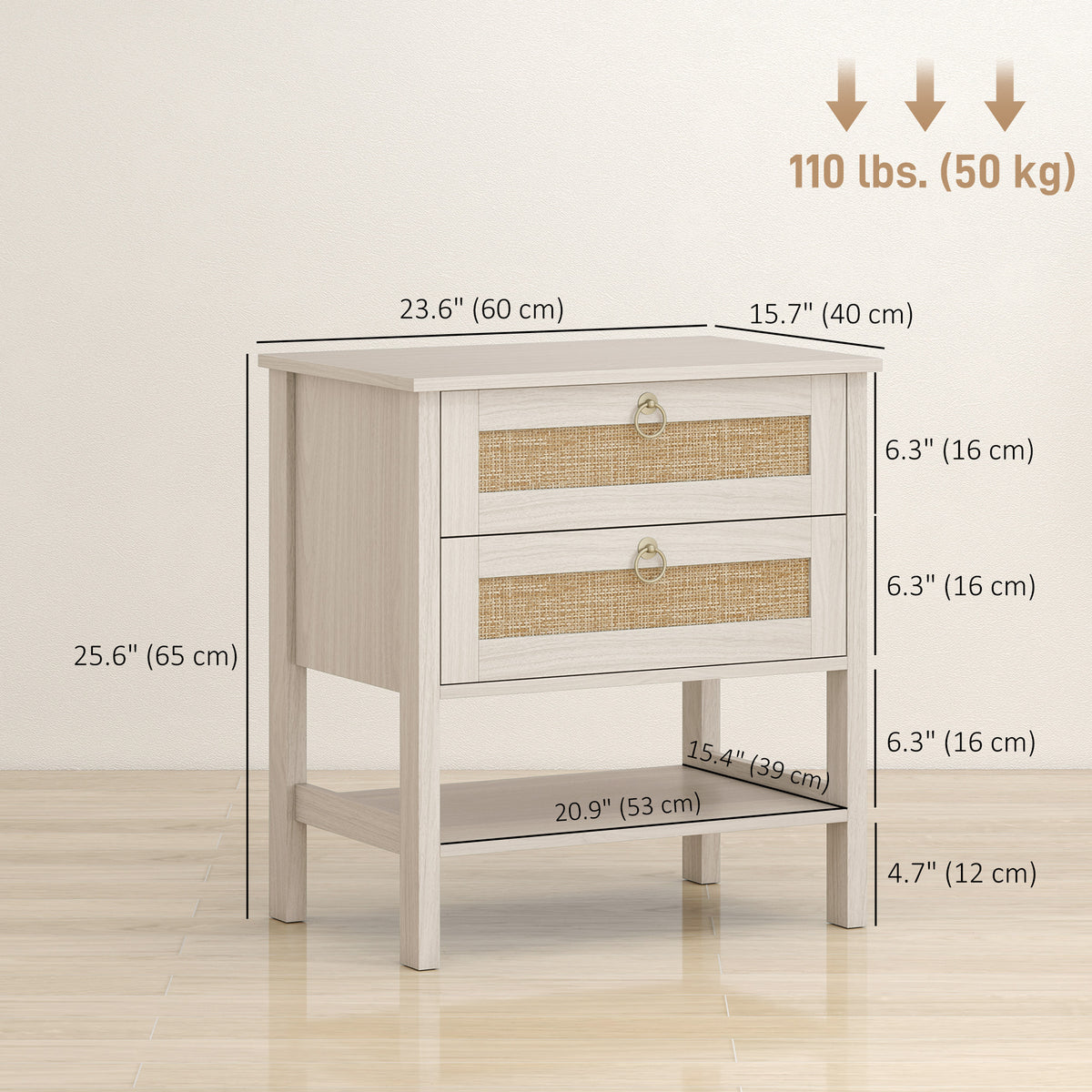 Set of 2 Boho Bedside Tables, Rattan Nightstands with 2 Drawers, Storage Shelf, End Side Tables for Bedroom, White Oak