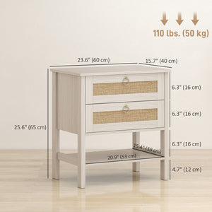 Set of 2 Boho Bedside Tables, Rattan Nightstands with 2 Drawers, Storage Shelf, End Side Tables for Bedroom, White Oak