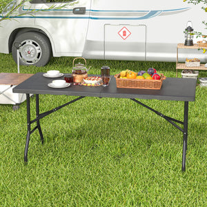 5FT Folding Picnic Table with Wood Grain HDPE Tabletop and, Non-slip Foot Pads-Black view 2