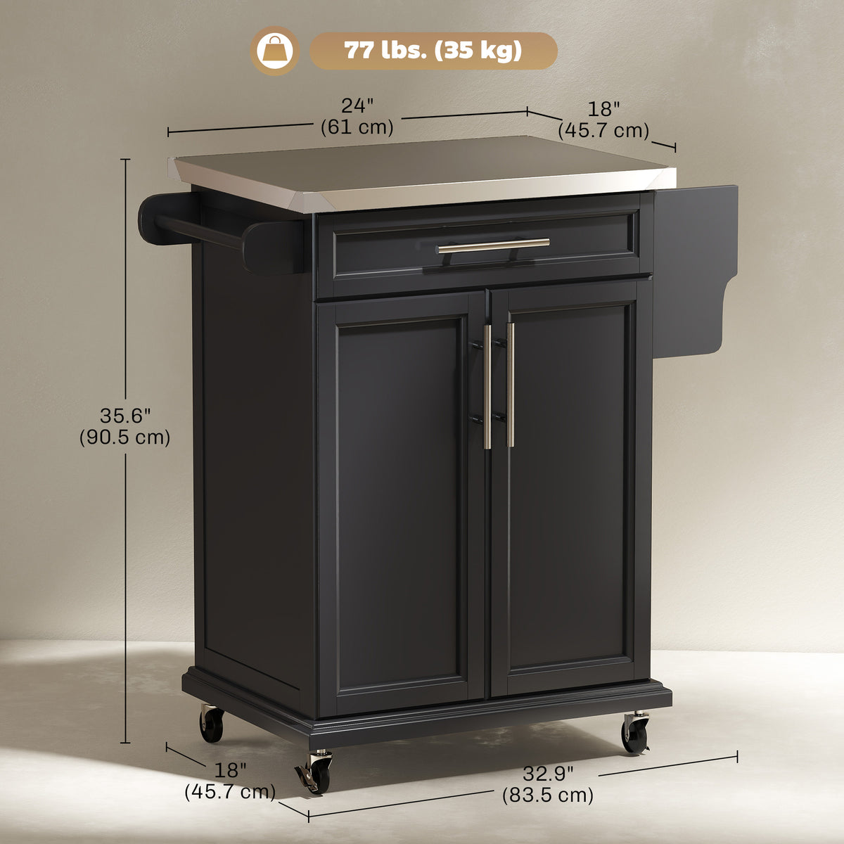 Kitchen Island with Stainless Steel Top, Rolling Kitchen Cart on Wheels with Storage Drawer, Cabinet, Towel Rack and Spice Rack (Black)