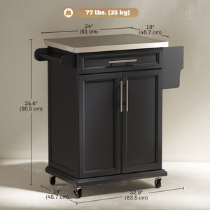 Kitchen Island with Stainless Steel Top, Rolling Kitchen Cart on Wheels with Storage Drawer, Cabinet, Towel Rack and Spice Rack (Black)