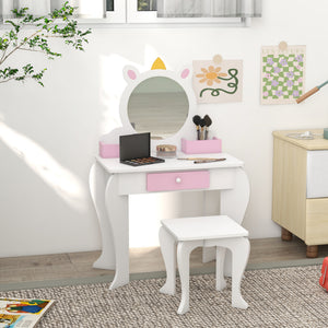 Qaba Kids Makeup Vanity Set with Stool, Mirror, Drawer, Storage Boxes, Unicorn Design, White