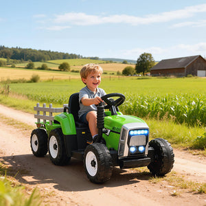 Aosom 12V Kids Ride on Tractor with Trailer, Battery Powered Electric Kids Car with Remote Control, Music Start up Sound and Horn, USB, LED Lights