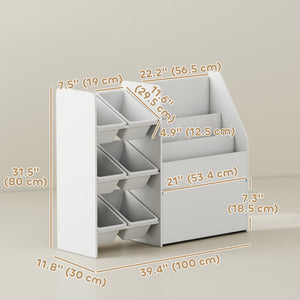 Qaba Kids Bookshelf and Toy Storage, 3-Tier Bookcase with 6 Removable Bins and Box for Toddler Nursery Playroom, White