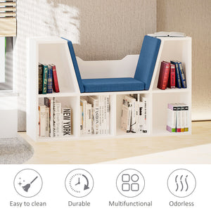 6-Cubby Bookcase with Seat Cushion, Cube Storage Shelf with Reading Nook for Home Office, Study, Blue – view 7