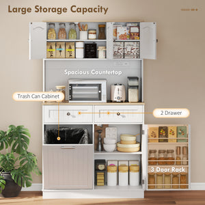68" Pantry Cabinet with Charging Station, Storage Cabinet with Microwave Stand, 10 Gallon Trash Can Cabinet, White