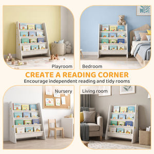 Qaba Fabric Kids Bookshelf, 4-Tier Toddler Sling Book Rack for Playroom, Bedroom, Nursery and Kids Room for Ages 3-6, White